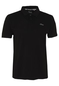 Černé polo tričko vyrobené z hladkého bavlněného materiálu. Disponuje standardním límečkem, dvěma knoflíky a malým vyšitým logem na hrudi. Krátké rukávy.