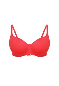 Red molded cup bra with adjustable straps and a hook-and-eye closure. Smooth fabric with a seamless design. No embellishments.