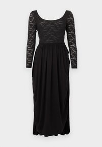 Μαύρο βραδινό φόρεμα με μακριά μανίκια και μπούστο από δαντέλα, λαιμόκοψη σε σχήμα scoop και ζωντανή, ρέουσα φούστα.