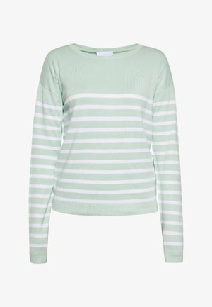 Gaišzaļš garo piedurknu džemperis ar baltām horizontālām svītrām. Mīksta tekstūra, apaļa izgriezums un platās piedurknes. Minimalistisks dizains.