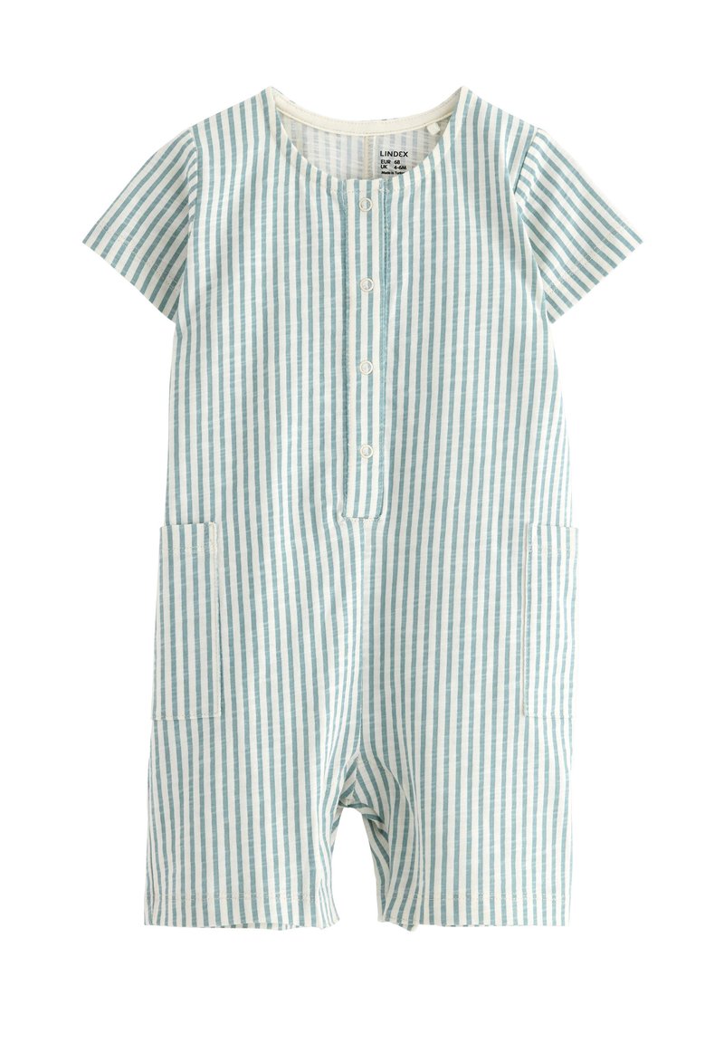 Streifenoverall aus leichtem Stoff, mit kurzen Ärmeln, rundem Ausschnitt, Knopfverschluss vorne und zwei seitlichen Taschen. Die Farbgestaltung umfasst hellblaue und weiße Streifen.