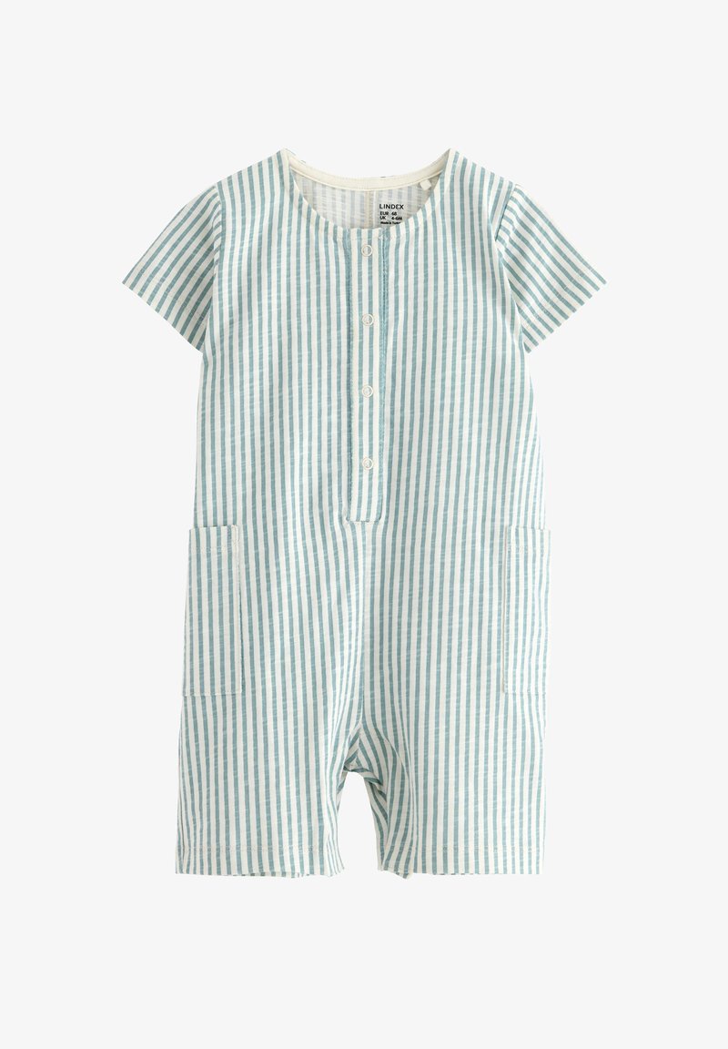 Stribet romper lavet af letvægtsstof, med korte ærmer, rund halsudskæring, knapfront og to sidelommer. Farveskemaet omfatter lyseblå og hvide striber.