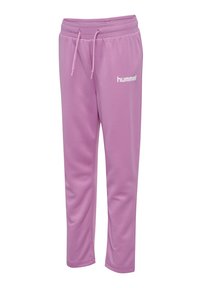 Pantalon de survêtement lavande avec cordon de serrage, taille élastique et logo blanc "hummel" sur la partie supérieure de la cuisse gauche.
