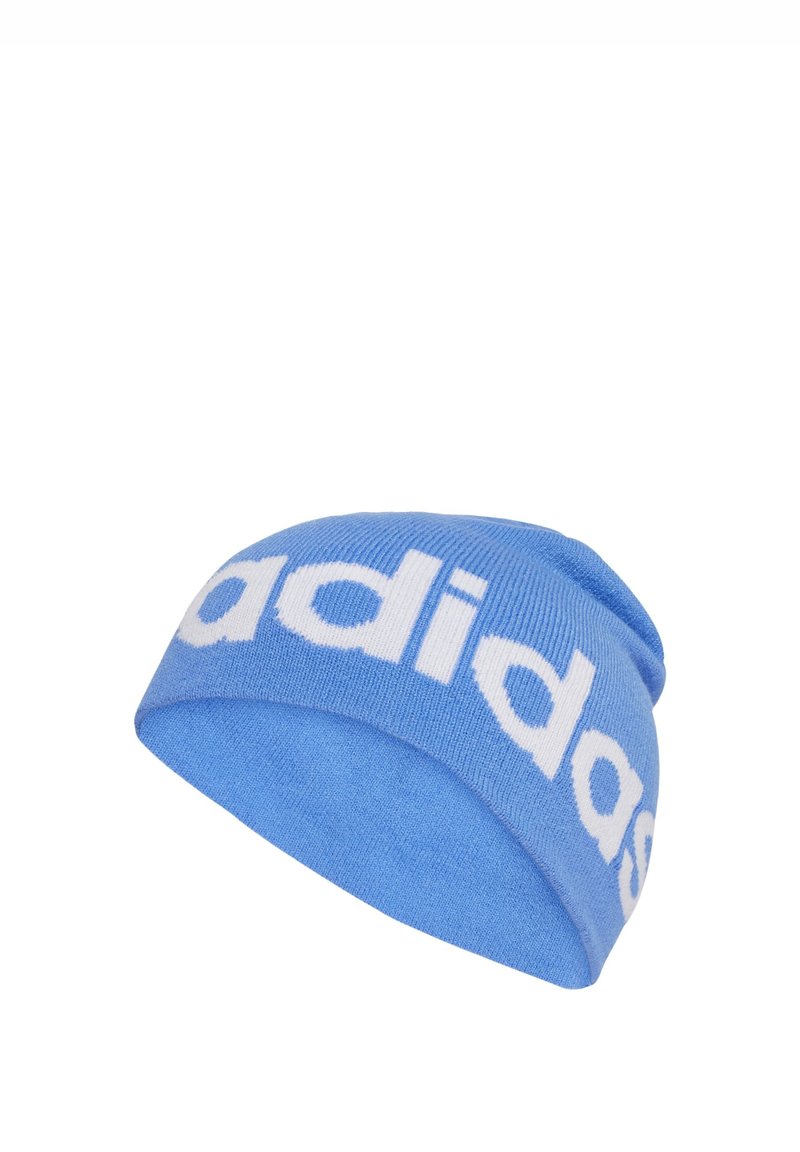 Light blue knitted beanie with a snug fit, featuring a prominent white logo band. Soft texture, rounded top, and small folded cuff detail.