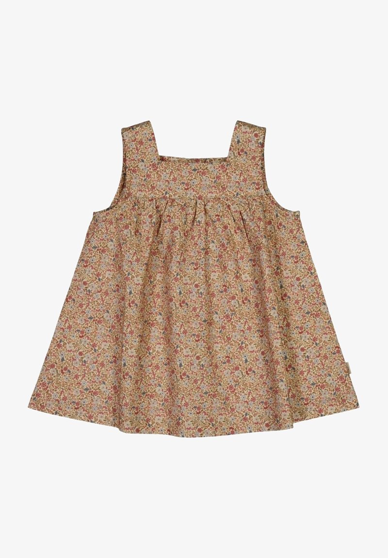 Robe bébé sans manches avec encolure carrée, coupe ample et motif floral discret sur toute la surface dans des tons terreux atténués.