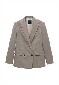 Blazer doppiopetto in un motivo houndstooth marrone e crema. Presenta rever a punte, due tasche frontali e bottoni dorati.
