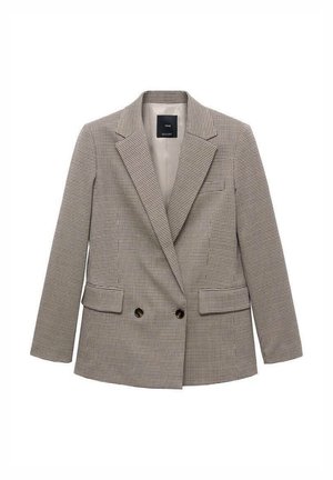 Doppelt knöpfbarer Blazer in einem braun-creamfarbigen Hahnentrittmuster. Mit spitzen Revers, zwei Fronttaschen und Knöpfen in Goldoptik.