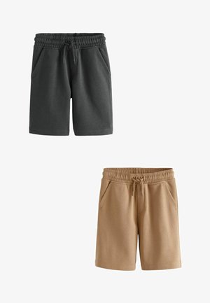 Deux paires de shorts : une grise foncée et une marron clair. Les deux disposent d'une taille élastique avec un cordon de serrage et de poches latérales.