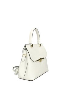Borsa a mano in pelle bianca con dettagli neri, forma strutturata, manico superiore, tracolla removibile e chiusura con dettagli in oro.