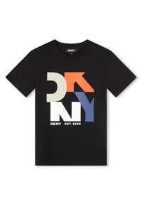 T-shirt en coton noir avec un design graphique affichant "DKNY" dans des couleurs variées : crème, orange, bleu et blanc. Col rond, manches courtes.