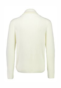 Hellgelber, gerippter Strickpullover mit einem Schalkragen und langen Ärmeln, der eine glatte Textur und eine lässige, gerade Passform aufweist.