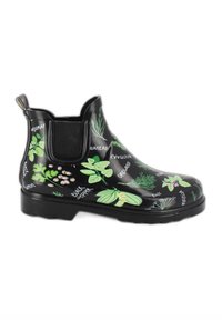 Zwarte rubberen Chelsea-boot met groene kruidenillustraties en witte tekstlabels. Glad oppervlak met elastische zijkanten en trekhaak.