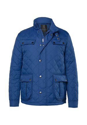 Blauwe doorgestikte jas met een opstaande kraag, drukknopen en ritssluiting, twee steekzakken aan de voorkant en een ruitpatroon in de stof.