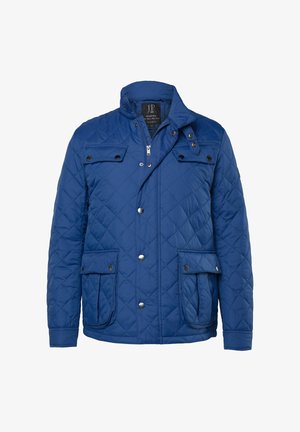 Blauwe doorgestikte jas met een opstaande kraag, drukknopen en ritssluiting, twee steekzakken aan de voorkant en een ruitpatroon in de stof.