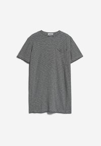 T-shirt à manches courtes à rayures horizontales noires et blanches avec un col rond et une petite poche poitrine à gauche.