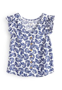 Blouse blanche à manches courtes avec motif floral bleu en spirale, boutons en bois sur le devant et manches à volants.
