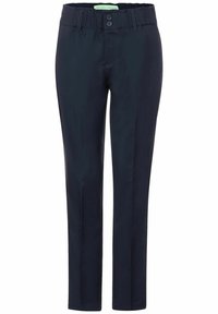 Marinblå tapered byxor med en slät textur, med knappstängning och elastisk midja för komfort. Lämpliga för olika tillfällen.