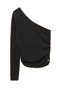 Črna, enoramenska dolga srajca z naborki, izdelana iz teksturirane tkanine z subtilnimi bleščečimi detajli.