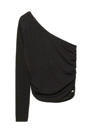Schwarzes, einseitig trägerloses Langarmoberteil mit Raffung, aus einem strukturierten Stoff mit subtilen Glitzerakzenten.