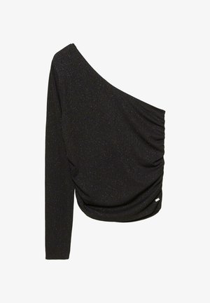 Schwarzes, einseitig trägerloses Langarmoberteil mit Raffung, aus einem strukturierten Stoff mit subtilen Glitzerakzenten.