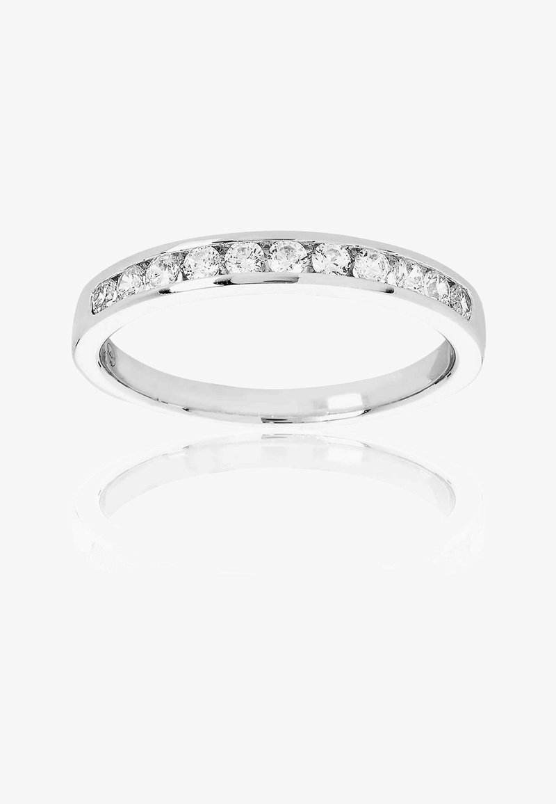 White gold ring with a straight, polished band featuring a row of ten round cubic zirconia stones embedded on the top surface.