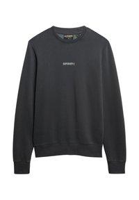 Mørkegrå pullover sweatshirt med rund hals, ribbede manchetter og kant, med et lille hvidt "SUPERDRY" logo på brystet. Blød tekstur.