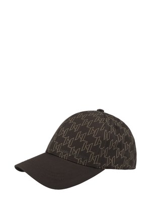 Berretto da baseball marrone scuro con motivo a logo "KK" ripetuto e testo sottile "Karl Lagerfeld" sulla parte anteriore, visiera curva e pannelli cuciti.
