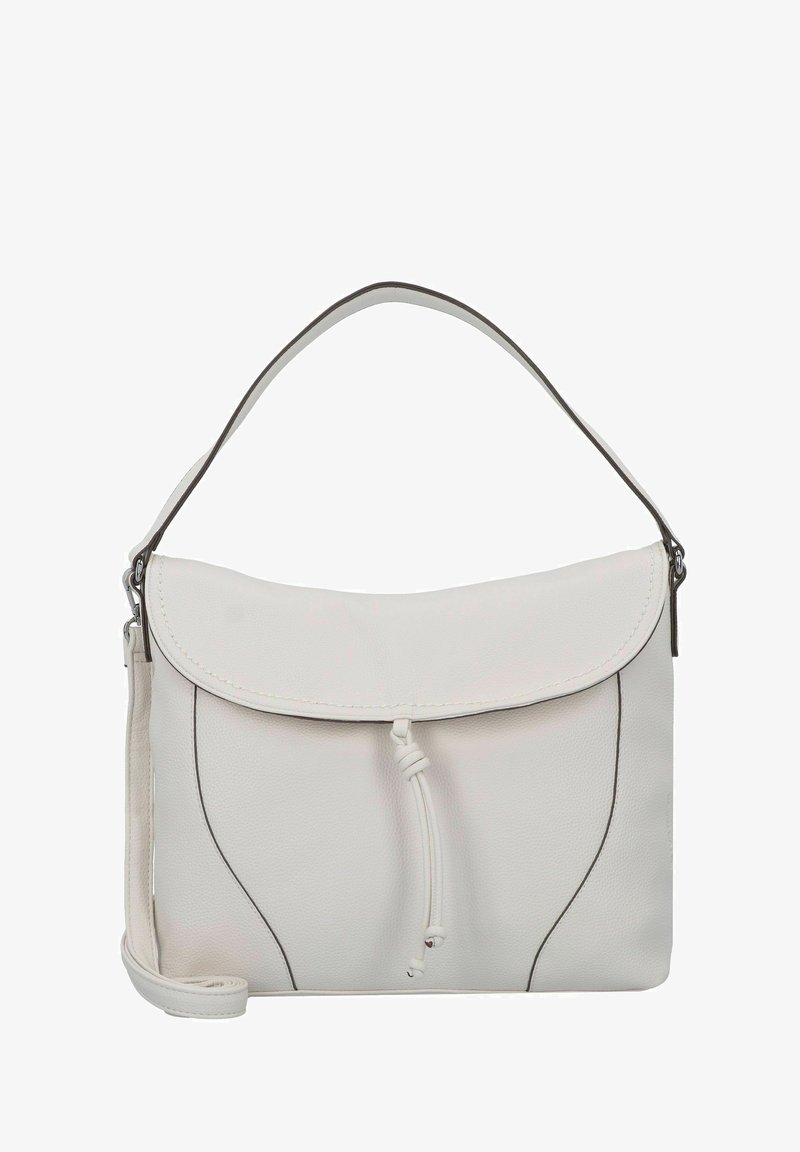 Weiße Leder-Crossbody-Tasche mit einer umklappbaren Klappe, einem Kordelzug-Detail und kontrastierenden Nähten. Verfügt über einen Schultergurt für vielseitiges Tragen.