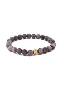 Beaded bracelet featuring round purple stones with a smooth texture, accented by a single gold metal bead.
