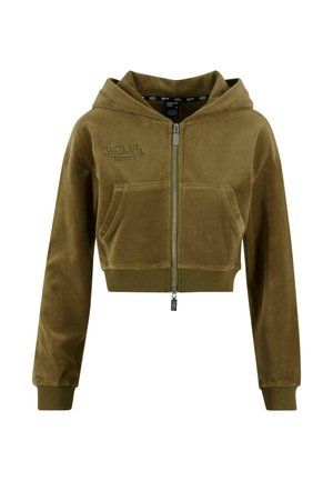 Kuttet olivegrønn hettegenser laget av myk stoff, med glidelås, to frontlommer og brodert logo.