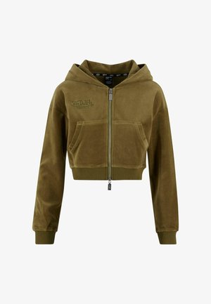 Izgriezta olīvu zaļā kapuciņa, kas izgatavota no mīksta auduma, ar rāvējslēdzēja aizdari, divām priekšējām kabatām un izšūtu logo.