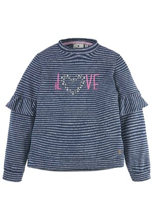 Camisa de manga larga a rayas en azul marino y blanco con detalles de volantes en las mangas y el texto "LOVE" con un corazón de strass en el centro.