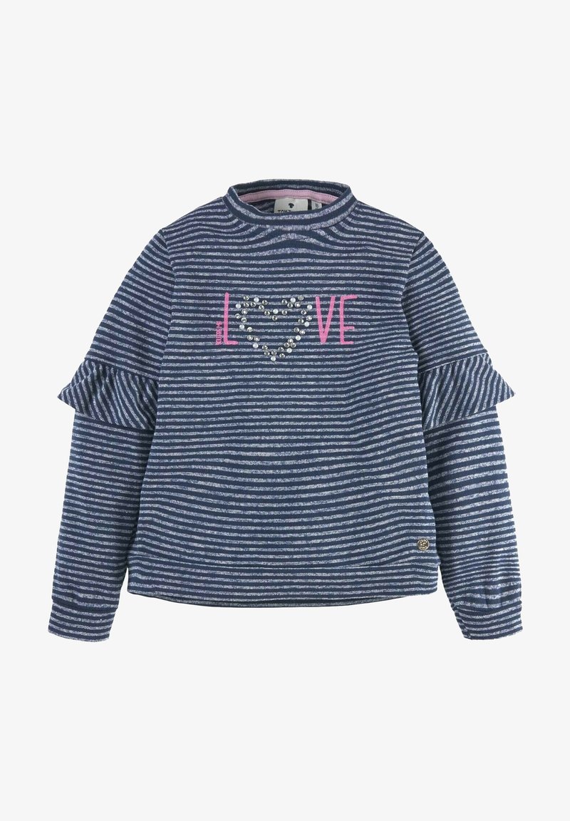 Chemise à rayures bleu marine et blanche à manches longues avec des détails en volants sur les manches et le texte "LOVE" avec un cœur en strass au centre.