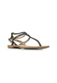Sandali neri con cinturini, a suola piatta, con un design del cinturino testurizzato, accenti metallici e una fodera interna beige.