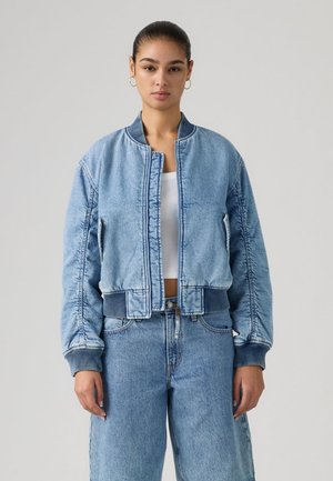 Ung kvinde med samlet hår iført lyseblå denimjakke og jeans, stående foran en ensartet lys grå baggrund.