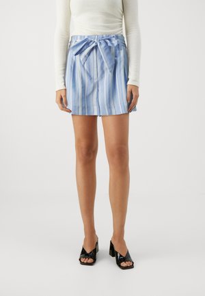 Blue and white striped skirt with a tied bow at the waist, featuring a pleated design and mid-thigh length. Smooth fabric, casual style.