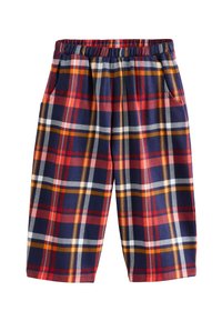Pantaloni vârsta cu un elastic în talie în nuanțe de navy, roșu, galben și alb. Dispun de buzunare laterale și o croială relaxată cu o textură moale.