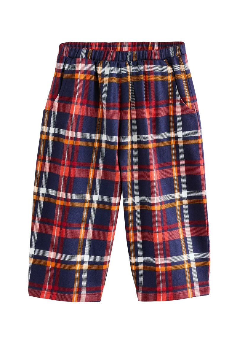 Pantaloni vârsta cu un elastic în talie în nuanțe de navy, roșu, galben și alb. Dispun de buzunare laterale și o croială relaxată cu o textură moale.