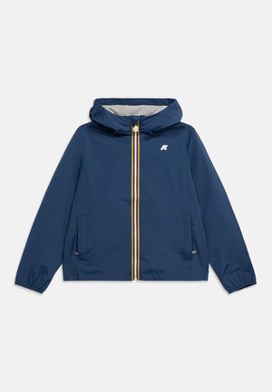 Donkerblauwe capuchonjas met volledige ritssluiting aan de voorkant, twee zakken aan de voorkant, elastische manchetten en een klein logo op de linkerborst.