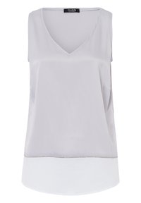 Hellgraues ärmelloses Blusenshirt mit V-Ausschnitt, aus glattem Stoff gefertigt, mit einem geschichteten weißen Saum und einem dezenten silbernenDetails.
