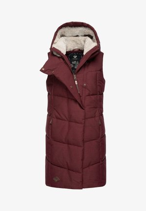 Burgundijas krāsas pufīgs veste ar teksturētu, flīšu oderi, ar priekšējo rāvējslēdzēju un dekoratīviem pogām, izstrādāta siltumam un komfortam.