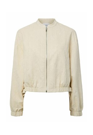 Jakna bomber kremne barve s subtilno cvetličnim vzorcem, sprednja zadrga, elastični manšeti in elastični spodnji rob.