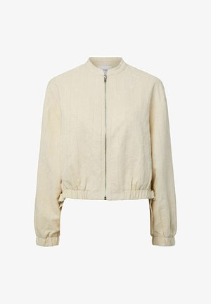 Kremfarget bomberjakke med subtilt blomstertekstur, frontglidelås, elastiske mansjetter og elastisk linning.