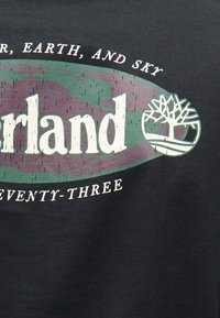 Λογότυπο Timberland με ένα στυλιζαρισμένο δέντρο μέσα σε κύκλο, φόντο πράσινου και μοβ υδρογείου, και κείμενο που γράφει "Γη και ουρανός" και "εβδομήντα τρία."