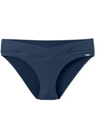 Marineblauer Bikini-Unterteil mit strukturiertem Design und überkreuztem Taillendetail. Hergestellt aus dehnbarem Material und mit einem elastischen Bund ausgestattet.