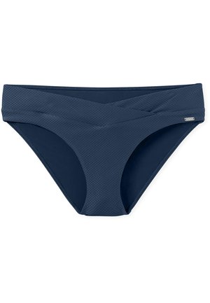 Parte inferior de bikini azul marino con un diseño texturizado y detalle de cintura cruzada. Confeccionada en material elástico, cuenta con una cintura elástica.