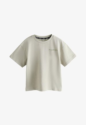 Licht beige T-shirt met korte mouwen, ronde hals en klein "ALLSAINTS"-logo op de linker bovenborst.
