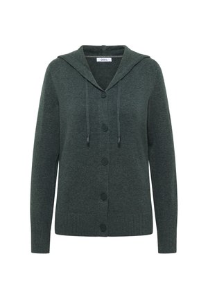 Cardigan verde lavorato a maglia con cappuccio, chiusura a bottoni e polsini e orlo a coste. Realizzato in materiale morbido con cordini alla scollatura.