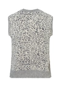 Ärmellose Strickweste in Creme und Grau mit einer weichen, flauschigen Textur und einem Leopardenmuster sowie einem gerippten Saum.