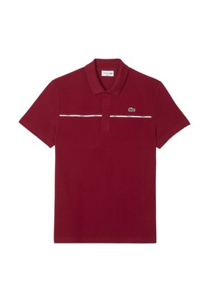 Polo in bordeaux con un design a strisce orizzontali bianche, maniche corte, colletto classico e logo verde ricamato.